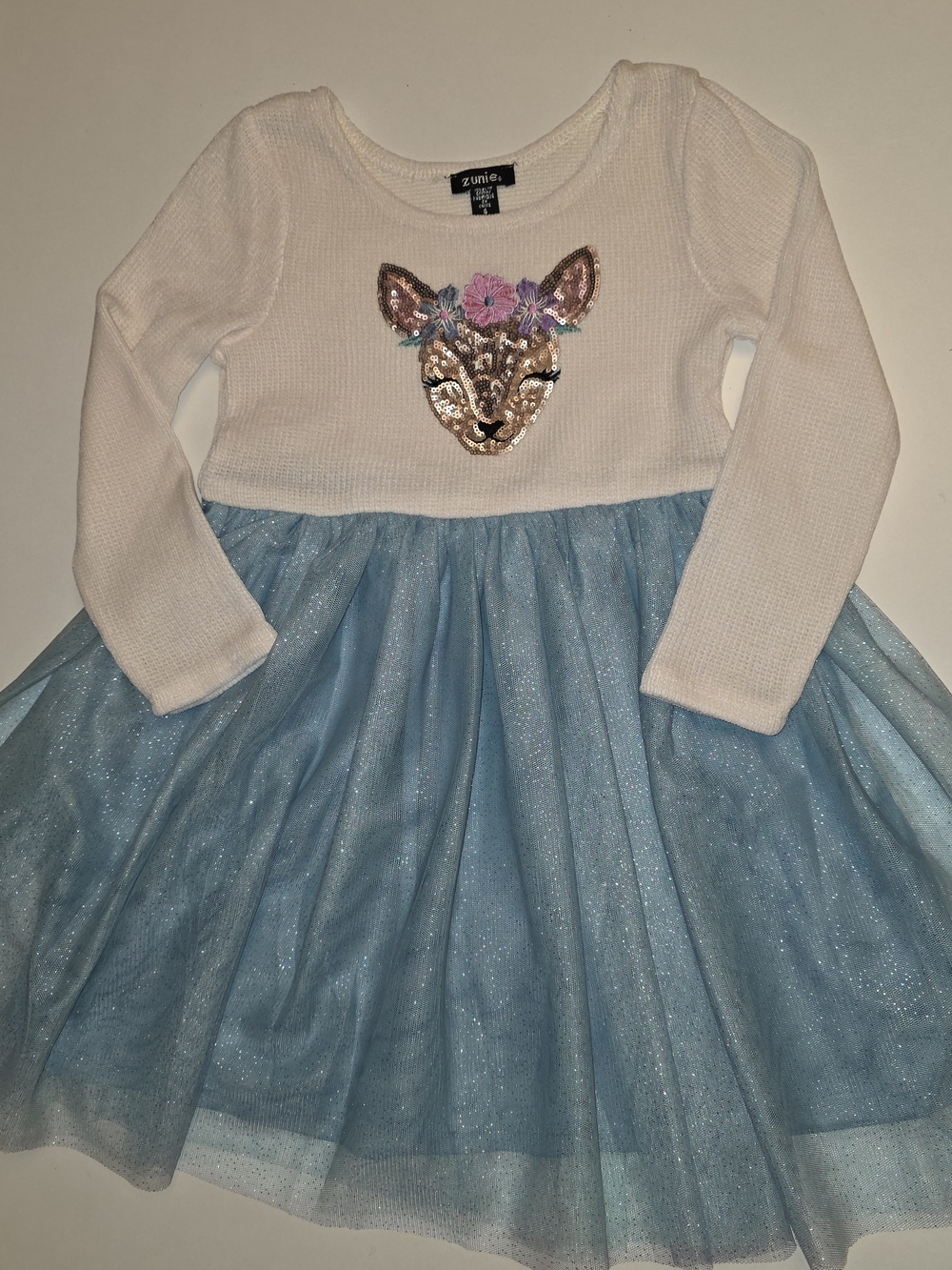 Zunie White Top with Blue Glitter Tulle Skirt and Sequin Deer